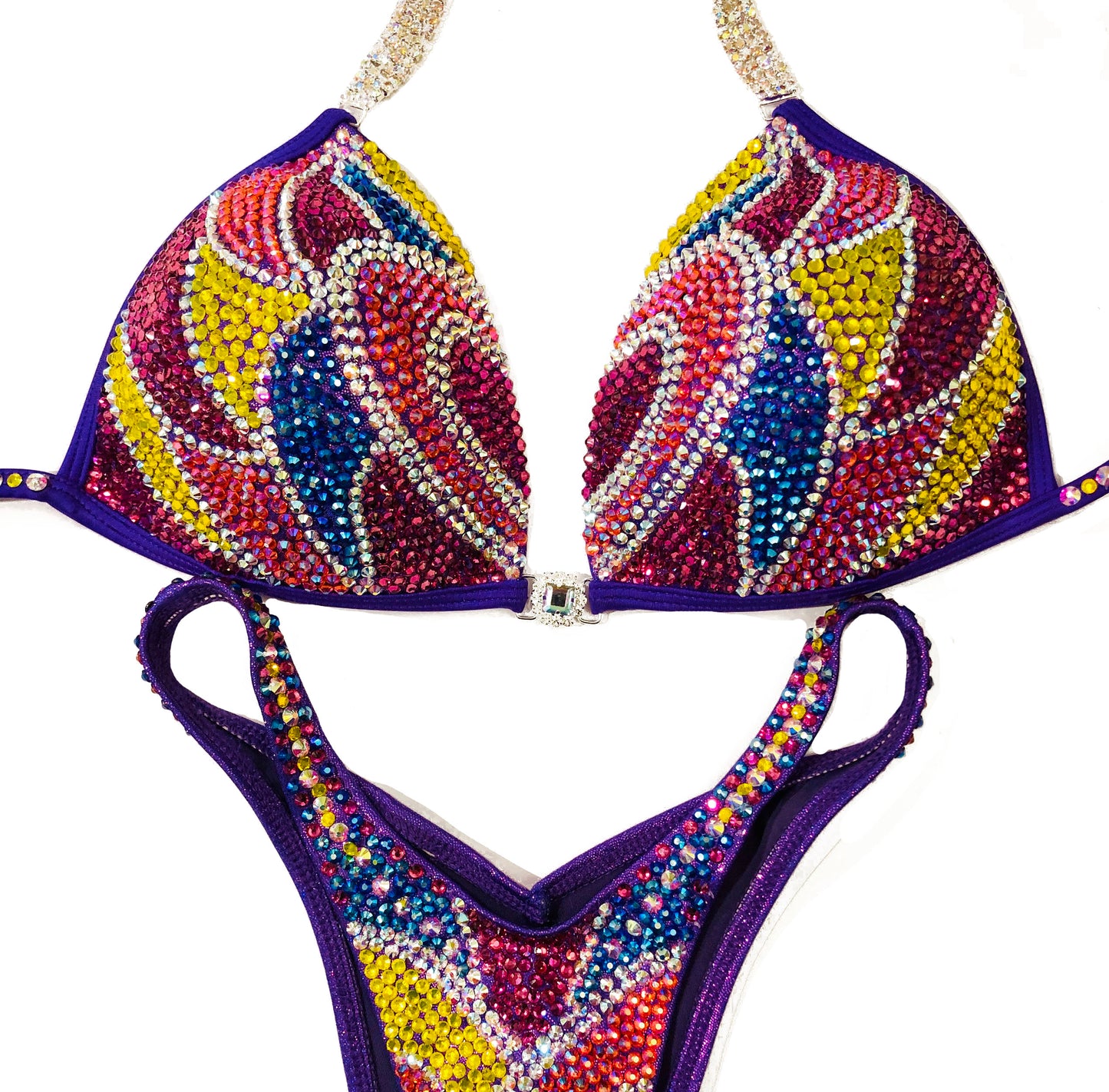 MyProSuit Multi Color Figure, Physique, Bodybuilding Swarovski® Crystal Suit. Heart design. IFBB Pro NPC Molded push up Triangle Top. Pro Cut Bottoms