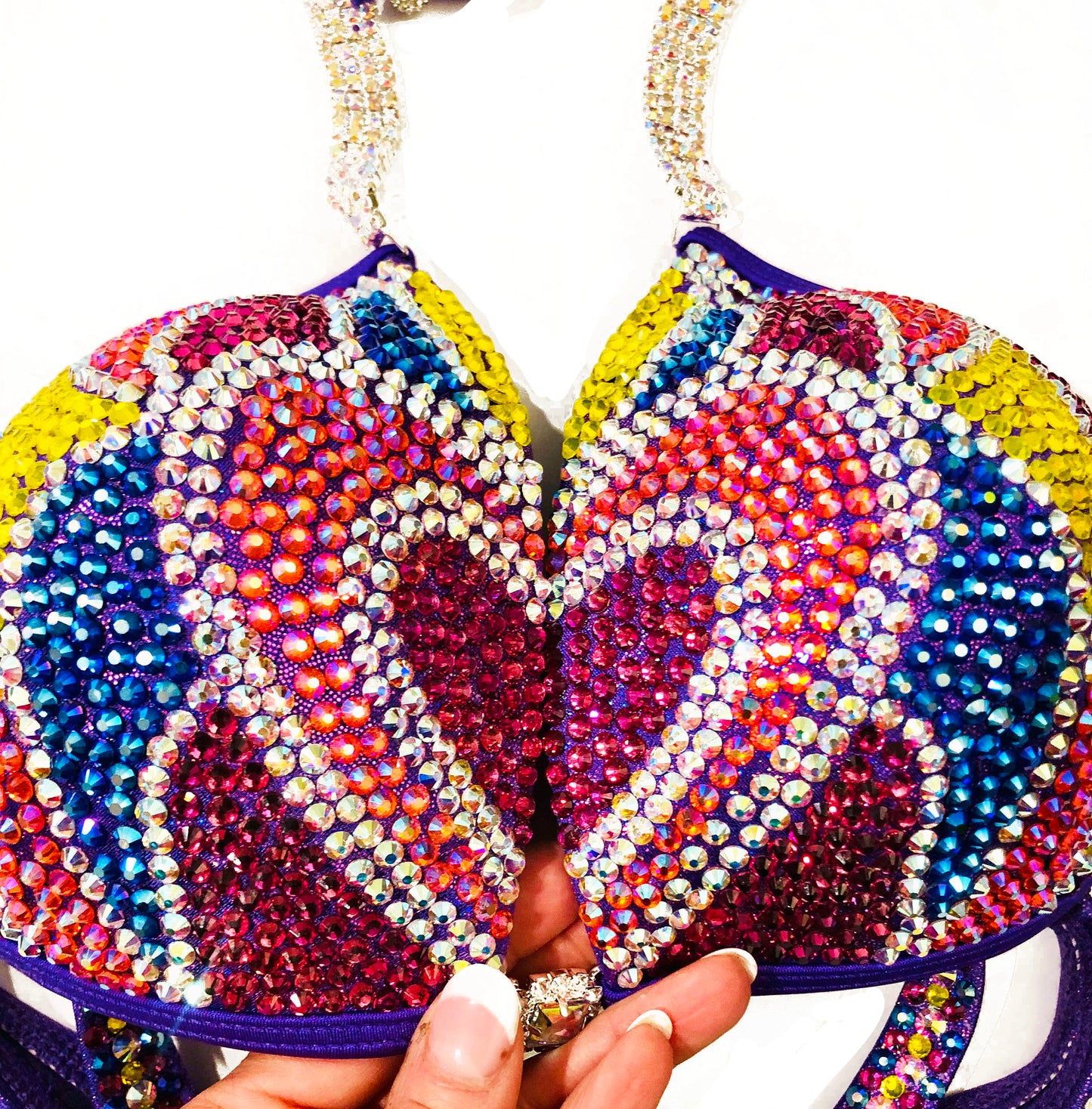 MyProSuit Multi Color Figure, Physique, Bodybuilding Swarovski® Crystal Suit. Heart design. IFBB Pro NPC Molded push up Triangle Top. Pro Cut Bottoms
