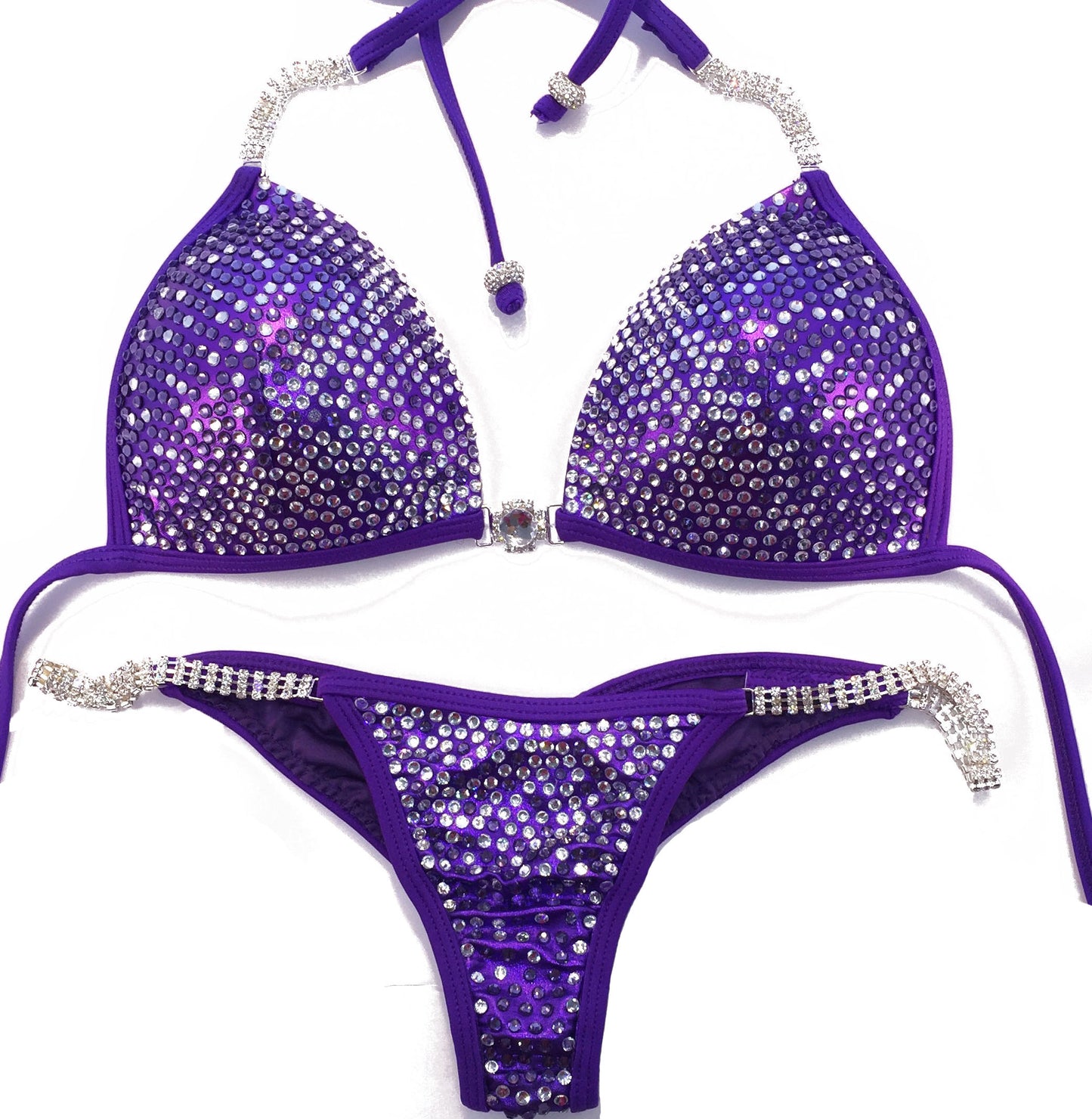 MyProSuit Purple Crystal NPC IFBB Competition Stage Suit Molded Triangle push up Top. Scrunch butt pro cut bottoms