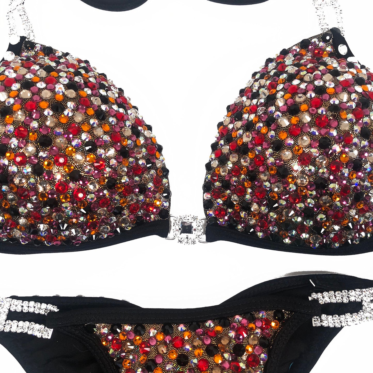 MyProSuit Crystal Competition Suit IFbb Pro NPC Black with Red, Gold, Yellow Austrian Crystals. Bikini & Wellness. Molded Push up Triangle top