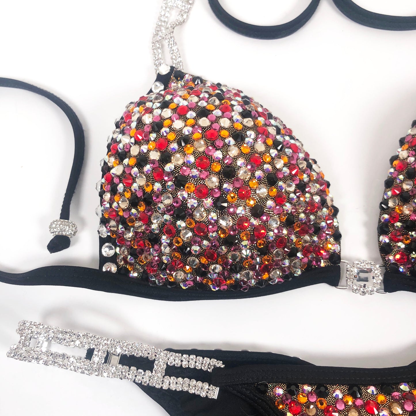 MyProSuit Crystal Competition Suit IFbb Pro NPC Black with Red, Gold, Yellow Austrian Crystals. Bikini & Wellness. Molded Push up Triangle top