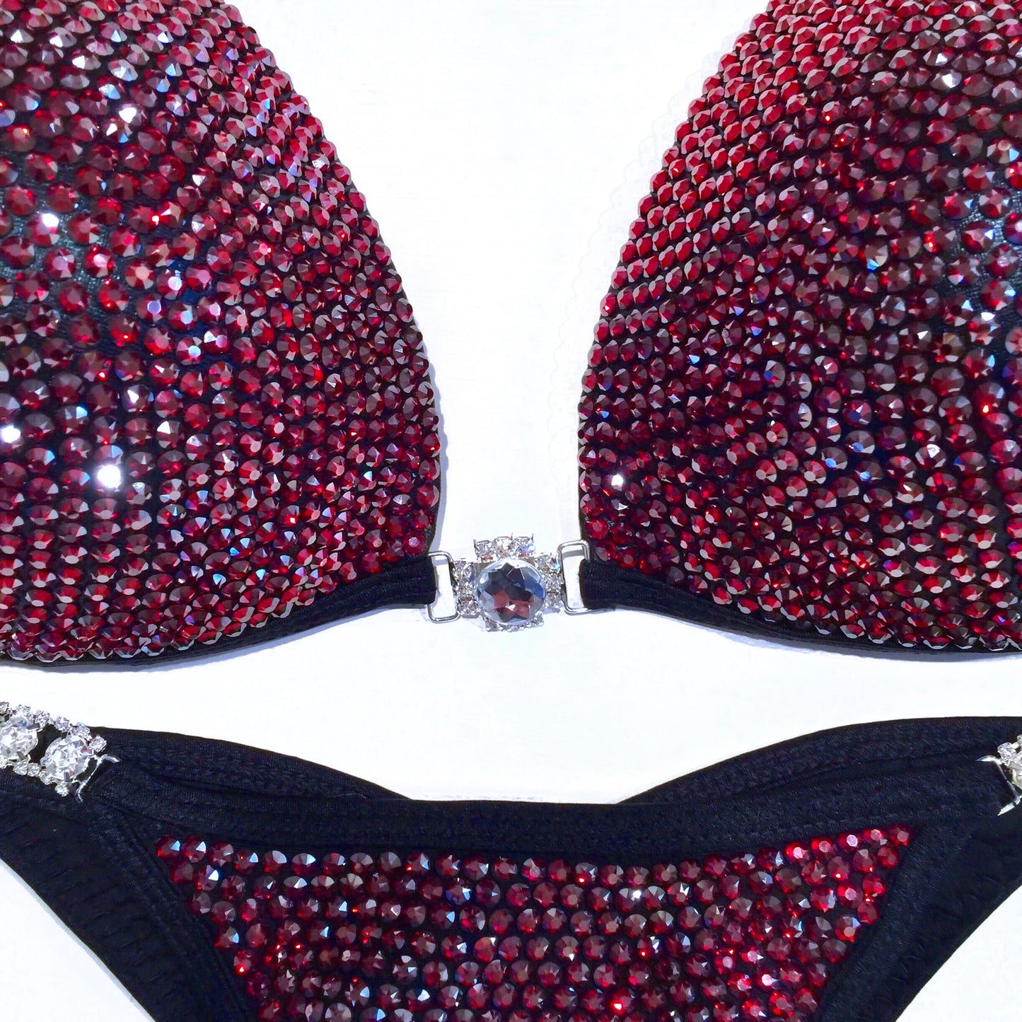 MyProSuit Burgundy Satin Swarovski® Crystal NPC IFBB Competition Stage Suit Molded Triangle push up Top. Scrunch butt pro cut bottoms