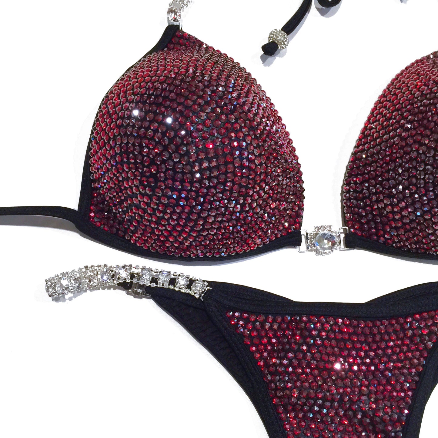 MyProSuit Burgundy Satin Swarovski® Crystal NPC IFBB Competition Stage Suit Molded Triangle push up Top. Scrunch butt pro cut bottoms
