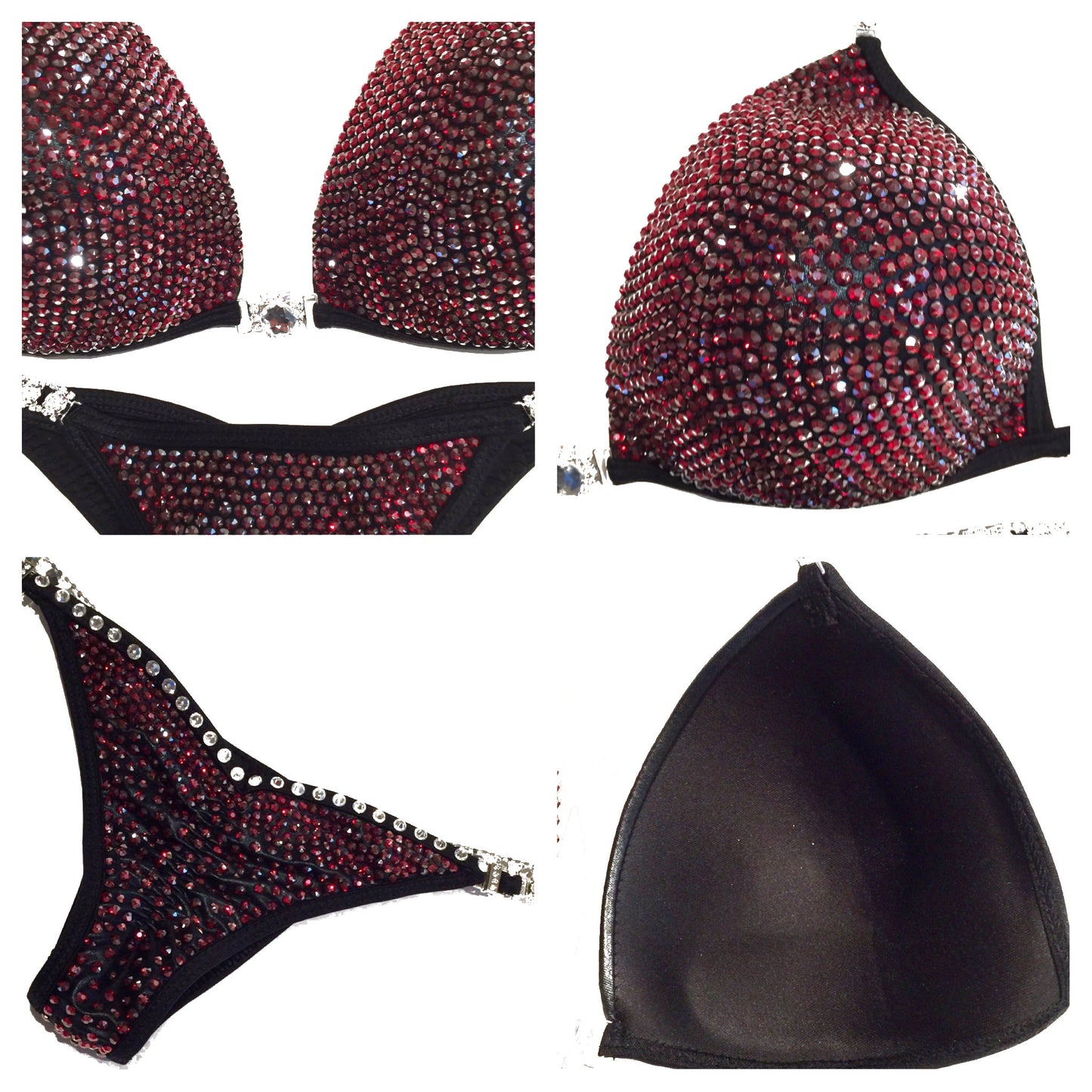 MyProSuit Burgundy Satin Swarovski® Crystal NPC IFBB Competition Stage Suit Molded Triangle push up Top. Scrunch butt pro cut bottoms