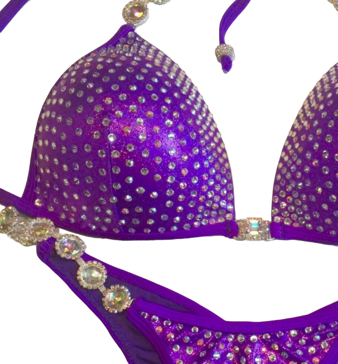MyProSuit Purple Crystal NPC IFBB Competition Stage Suit Molded Triangle push up Top. Scrunch butt pro cut bottoms