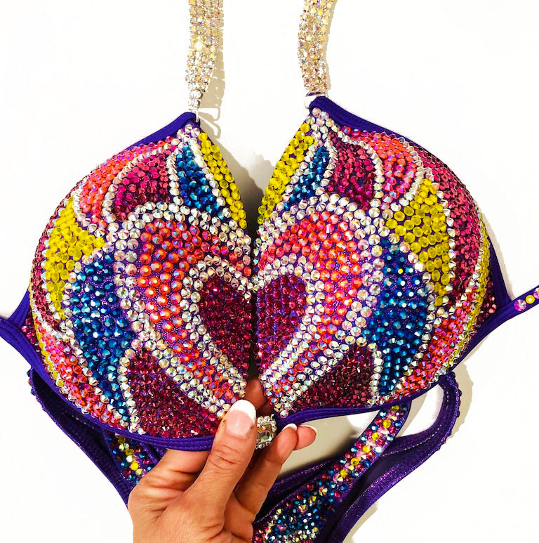MyProSuit Multi Color Figure, Physique, Bodybuilding Swarovski® Crystal Suit. Heart design. IFBB Pro NPC Molded push up Triangle Top.  Pro Cut Bottoms