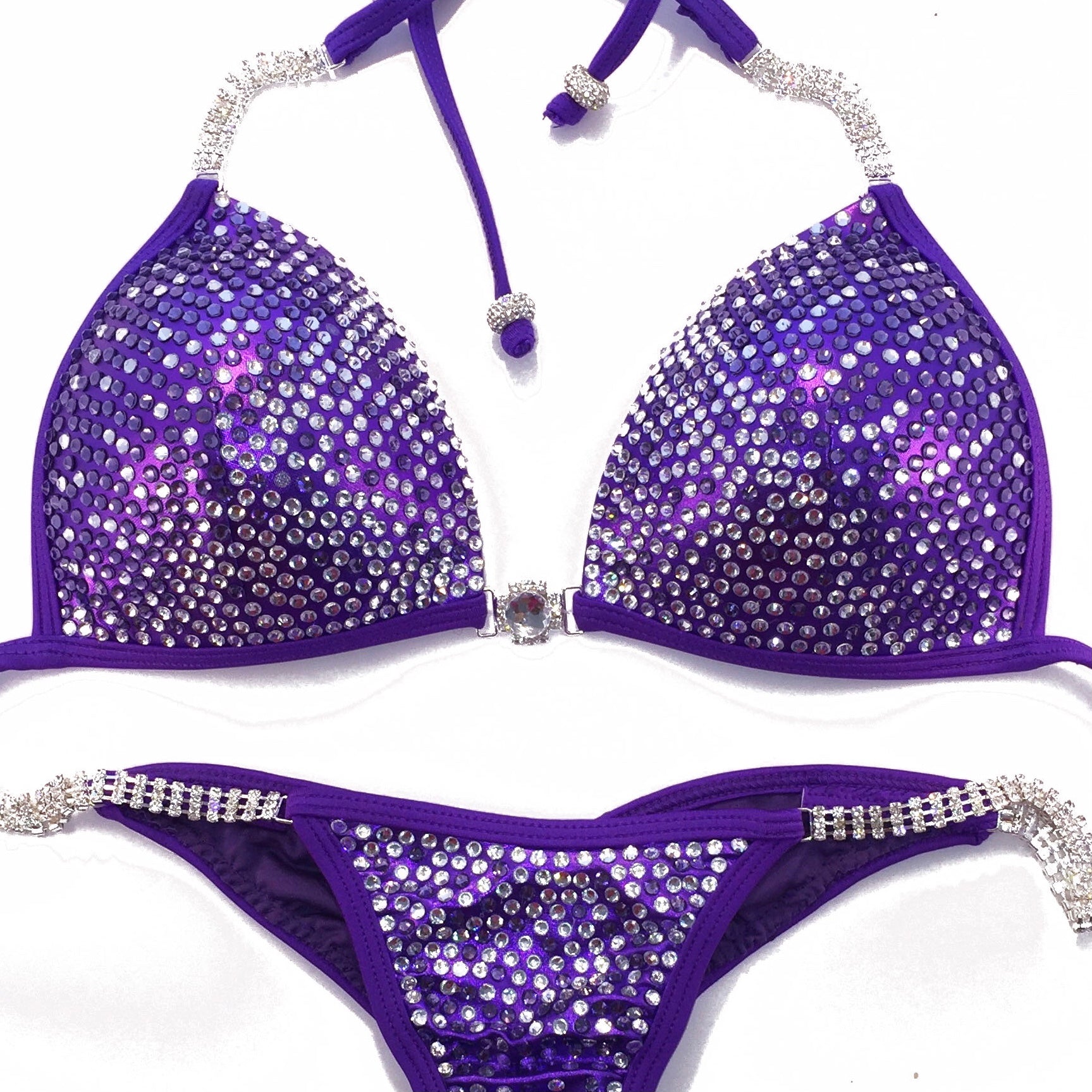 MyProSuit Purple Crystal NPC IFBB Competition Stage Suit Molded Triangle push up Top. Scrunch butt pro cut bottoms
