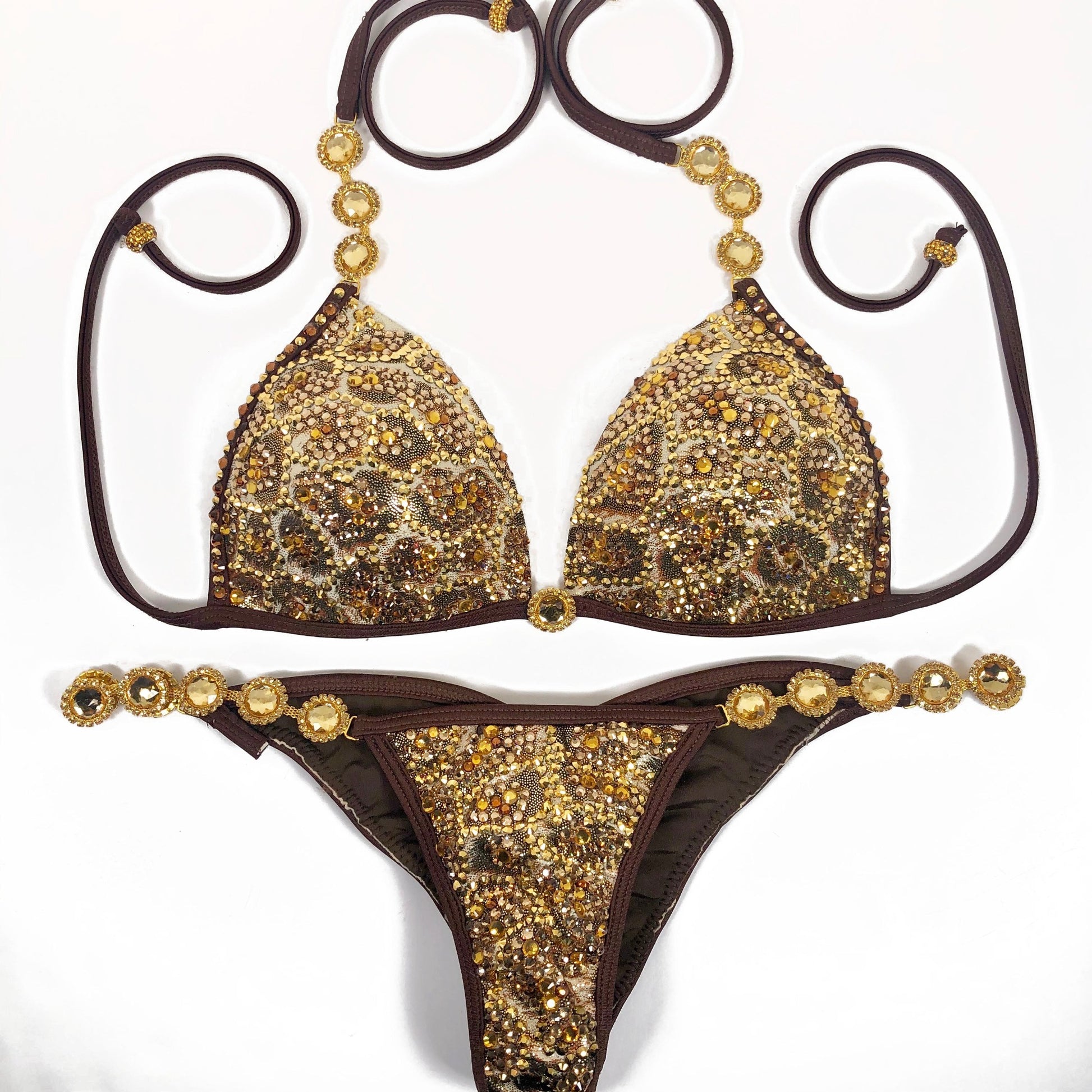MyProSuit Gold Bronze Crystal NPC IFBB Competition Stage Suit Molded Triangle push up Top. Scrunch butt pro cut bottoms
