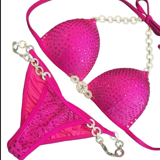 MyProSuit  Cerise Pink Crystal NPC IFBB Competition Stage Suit Molded Triangle push up Top. Scrunch butt pro cut bottoms