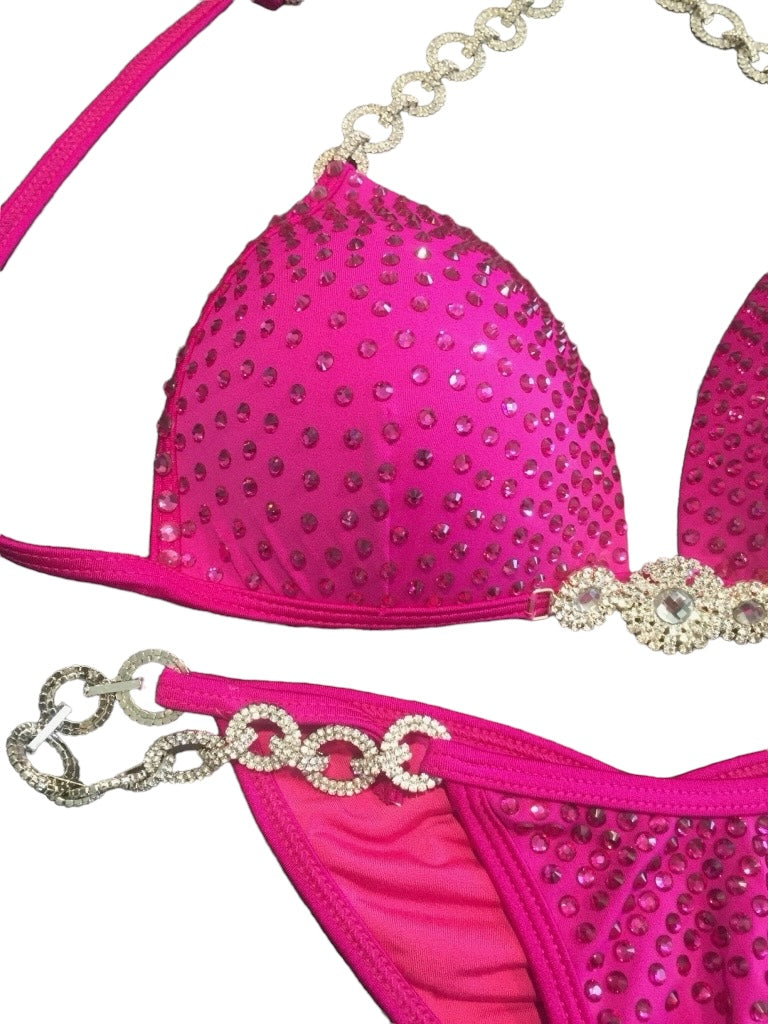 MyProSuit  Cerise Pink Crystal NPC IFBB Competition Stage Suit Molded Triangle push up Top. Scrunch butt pro cut bottoms