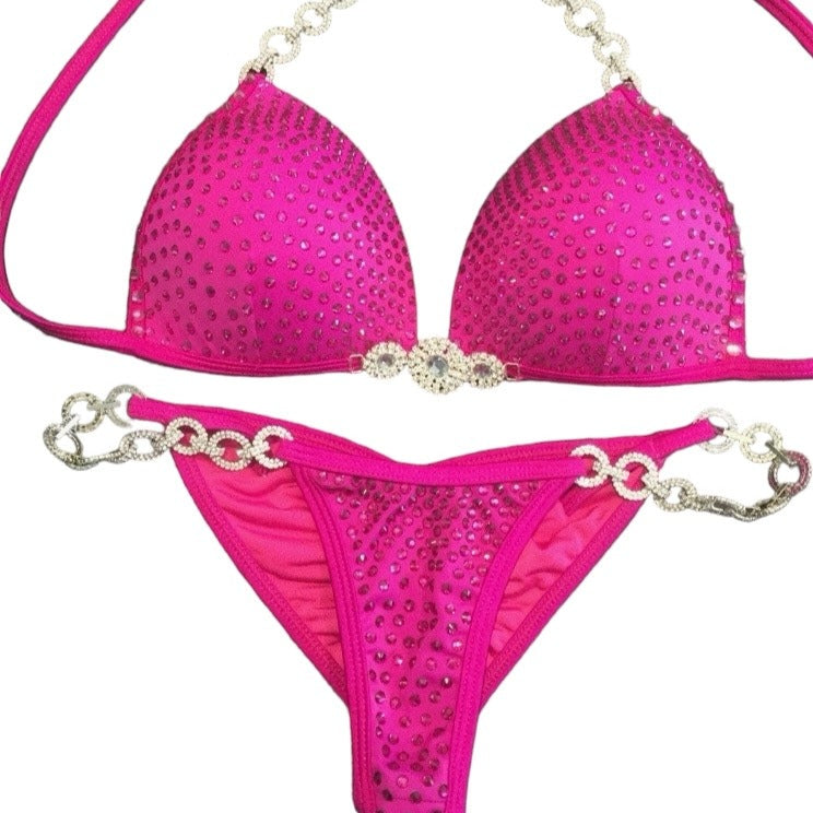 MyProSuit  Cerise Pink Crystal NPC IFBB Competition Stage Suit Molded Triangle push up Top. Scrunch butt pro cut bottoms