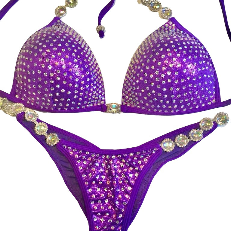 MyProSuit  Purple Crystal NPC IFBB Competition Stage Suit Molded Triangle push up Top. Scrunch butt pro cut bottoms
