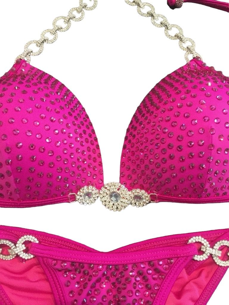 MyProSuit  Cerise Pink Crystal NPC IFBB Competition Stage Suit Molded Triangle push up Top. Scrunch butt pro cut bottoms