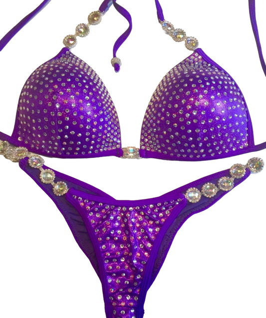 MyProSuit  Purple Crystal NPC IFBB Competition Stage Suit Molded Triangle push up Top. Scrunch butt pro cut bottoms