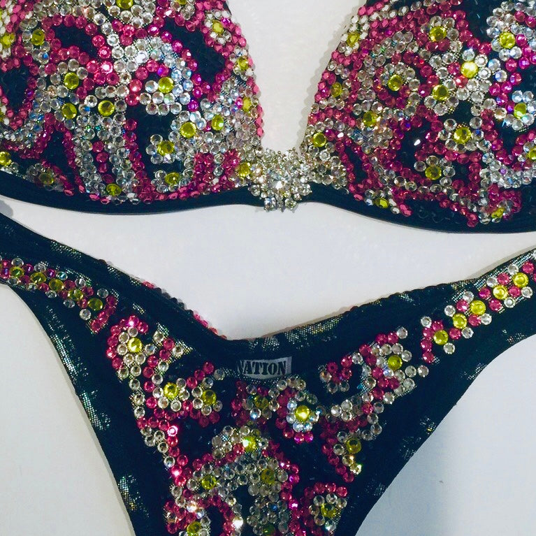 Scroll Black, Pink & Yellow Crystal Suit - MyProSuit
